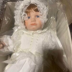 Towle Cream and Brown Baby Doll with Lace Bonnet